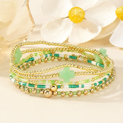 Bohxantium Gold Beaded Cross Bracelets for Women Dainty 14K Gold Plated Beads Ball Green Stretch Stackable Non Tarnish Bracelet Stack Boho Christian Jewelry Accessories Birthday Prom Friendship Gift