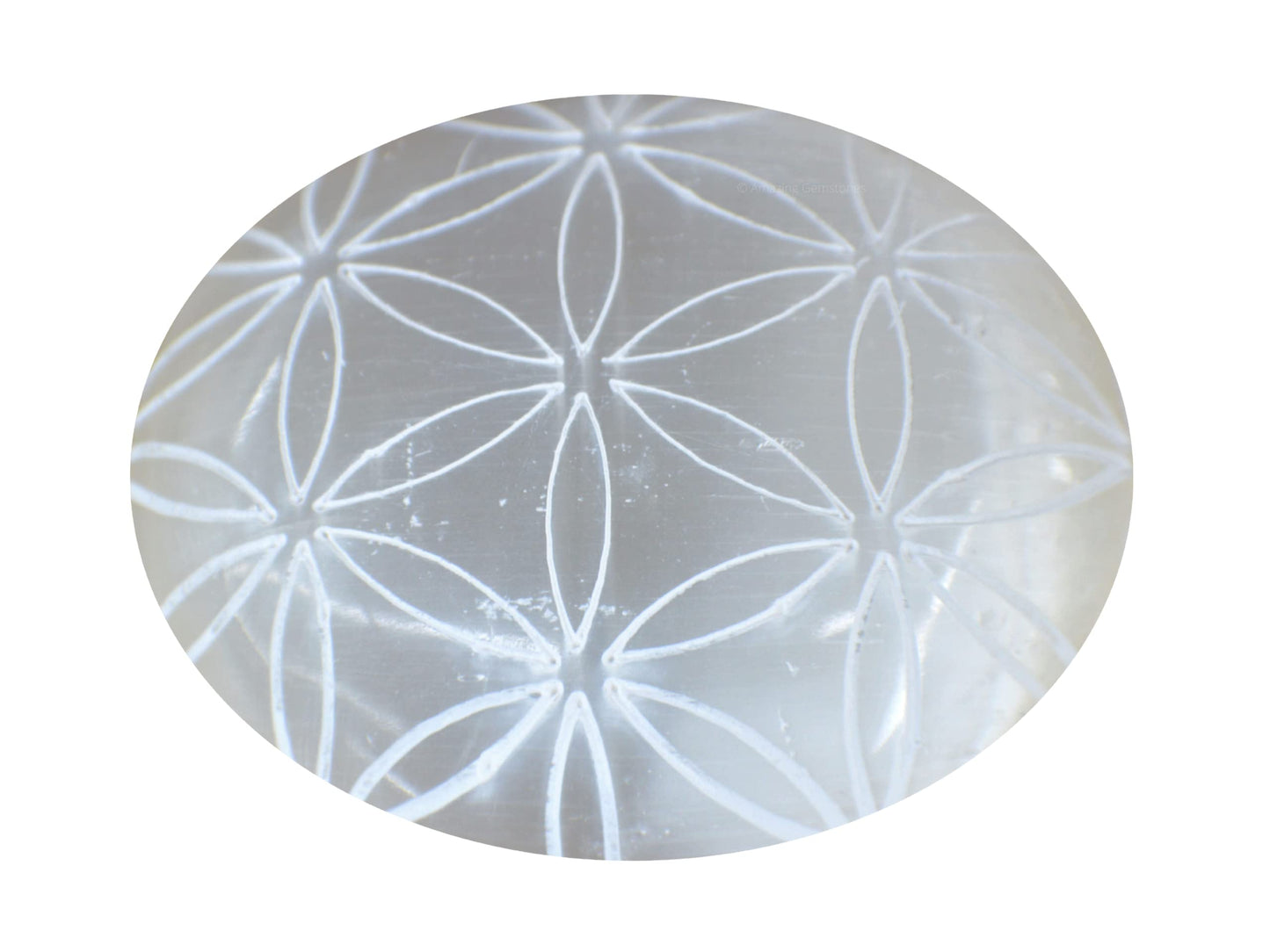 Amazing Gemstone Selenite Palm Stone - Flower of Life Engraved Hot Massage Worry Stone for Natural Body Chakra Balancing, Reiki Healing and Crystal Grid