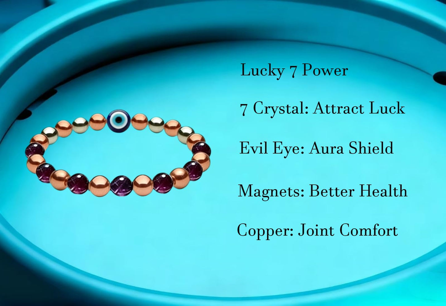 Drkao Unique Original Design Magnetic Therapy Bracelet for Women, Exclusive Lucky 7 Power Healing Crystals & Copper, Evil Eye Aura Shield, 4-Fold Protection Wellness Gift One Pack