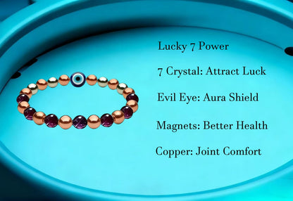Drkao Unique Original Design Magnetic Therapy Bracelet for Women, Exclusive Lucky 7 Power Healing Crystals & Copper, Evil Eye Aura Shield, 4-Fold Protection Wellness Gift One Pack