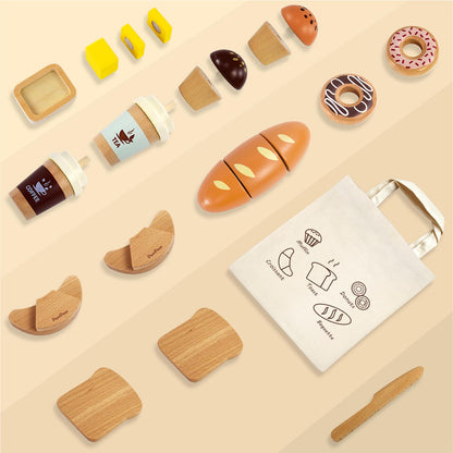 PairPear Wooden Bakery Play Food Set, Pretend Play Kitchen Accessories with Shopping Bag, Kids Cutting Food Gift for Boys and Girls Ages 3+