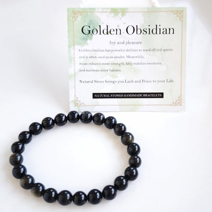 Handmade Natural Gemstone Elastic Bracelet - Healing Crystal Beads Jewelry, Unisex (Golden Obsidian, 8mm)