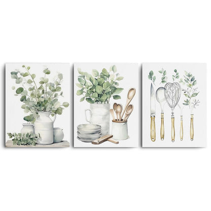 3 Pcs Botanical Plant Canvas Wall Art, Aesthetic Boho Wall Decor Framed Prints for Bedroom Living Room Decor, Sage Green Eucalyptus Leaf Tableware Prints for Office, Housewarming Gifts 11.5x15 Inch