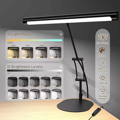 LED Desk Lamp, 10W Eye-Caring Task Light for Home Office, Metal Build with Frosted Texture & Stable Base, 3 Color Modes, 10 Brightness Levels, Flexible Adjustment & Memory, USB Adapter Included, Black