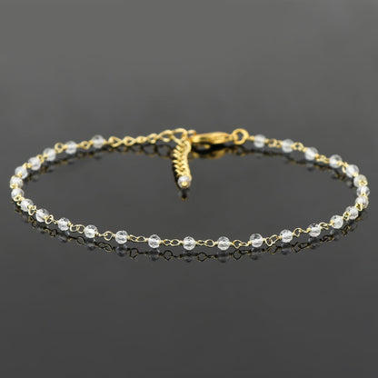 JOR Natural White Topaz Beaded Rosary Anklet, Handmade Craft, Anklet Beads Bracelet, Chakra Healing Anklet, Gemstone Women Jewelry, Dainty Gold Plated Anklet 9 inch + 2 inch (1pcs)