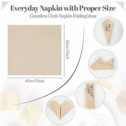 PLOYMONO Beige Heavy Duty Polyester Napkins - 17 x 17 Inch Solid Washable Cloth Dinner Napkins - Set of 8 Napkins with Hemmed Edges - Great for Weddings, Parties, Banquets Dinner & More