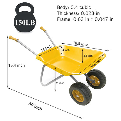 Toddler Wheelbarrow Set with 12 PCS Gardening Tool,Kids Metal Wheelbarrow Outdoor Toy for Kids Wheel Barrel Dig Sand/Dirt,Shovel Snow,Leaves (Yellow Set)