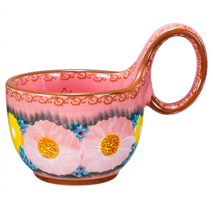 silesia Handmade Ceramic Soup Bowl with Loop Handle, Hand Painted Floral Cereal Bowl, Artisanal Soup Mug for Chili, Stew, Oatmeal, Microwave Safe, Glazed Pink
