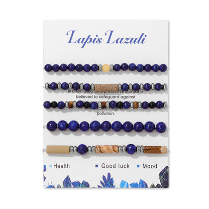 Lit Wall 5Pcs Lapis Lazuli Bracelet Set - Blue, Round, 4mm & 6mm, Adjustable, Stretch, No Metal, Unisex, 5 Count, Perfect for Occasions