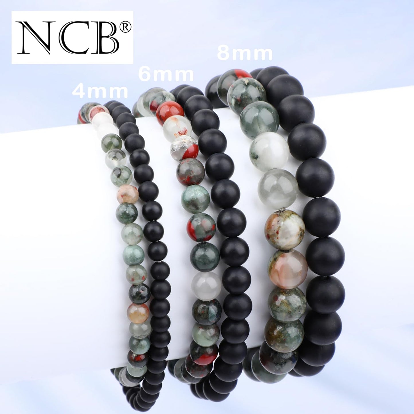 NCB 2-Piece 6mm Natural Crystal Gemstone Stretch Bracelets – ﻿African Bloodstone, Matte Black Agate Handmade Reiki Energy Healing Jewelry for Meditation,Yoga, Unisex