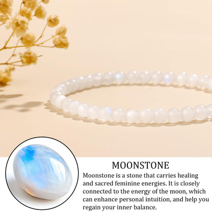 GolbalJew Natural Gemstone Beads Bracelets Healing Crystal Stone Beaded Bracelet for Women Men Handmade Spiritual Jewelry Gifts, 4mm Moonstone Round Beads