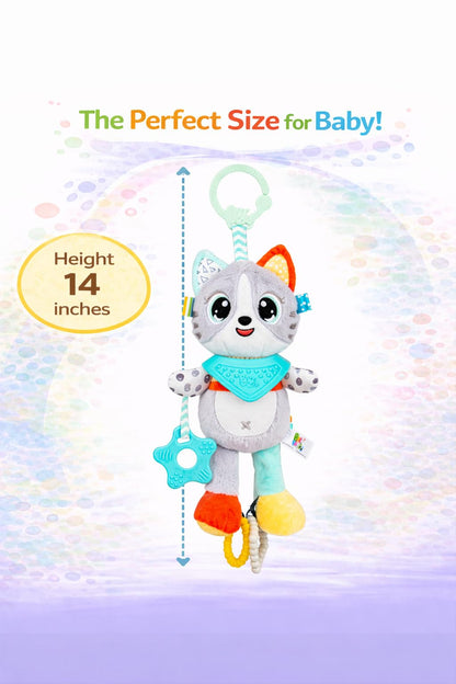 Balibazoo Luka The Cat Hanging Baby Toy – Soft Plush Sensory Toy with 3 BPA-Free Silicone Teethers, Crinkle Ears & Hidden Bell | Clip for Stroller, Car Seat, and Carrier | Developmental Toy 0-24M