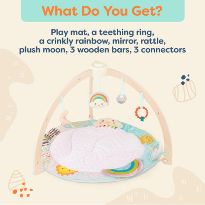 B. toys – Wooden Baby Gym & Soft Play Mat with 5 Hanging Sensory Toys for Newborns – Sunrise to Sunset Design – Tummy Time & Motor Skills – for Babies 0+ Months