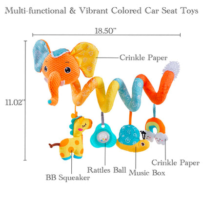 Car Seat Toys for Baby, Spiral Activity Stroller Toy for Infants 0-6 Months, Hanging Baby Toys Crib for Newborn 0 3 6 12 Months Developmental Toy with Music Box Rattle Squeaker- Orange Elephant