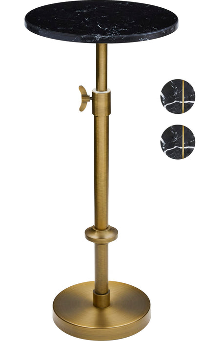 Adjustable-Height Marble Drink Table - 10x10x22-30, Black Marble & Antique Brass, Modern Round End Table, Side Table with Pedestal Stand for Small Spaces, Vintage Metal Martini Cocktail Accent