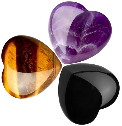 QINJIEJIE 3 PCS 1.2" Large Heart Crystals Amethyst Obsidian Tigers Eye Natural Healing Crystal Heart Shape Love Stones Polished Thumb Gemstones Therapy Reiki Energy Balancing Gifts