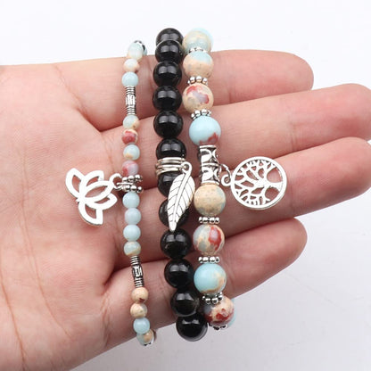 UEUC Tree of Life Yoga Healing Stone Bracelets, Multilayer Lotus Chakra Stone Reiki Bracelet Sets, Anxiety Crystal Natural Stone,for Women Stress Relief(#129)