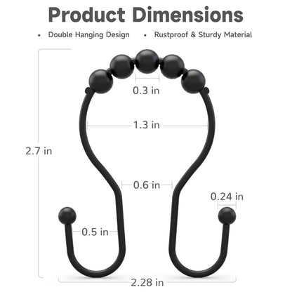 Bathway Shower Curtain Hooks Shower Curtain Rings Black Shower Curtain Hooks RustProof Smooth Metal Double Shower Curtain Hook, Shower Hooks for Shower Curtain Liner Bathroom Shower Rod Hook