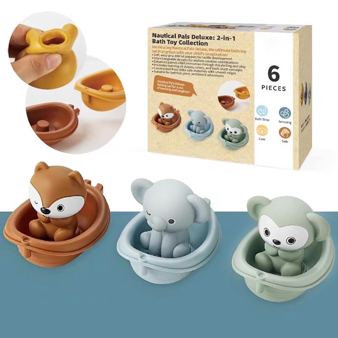 Auvitaya Baby Bath Toy Stackable Infant Bathtub Toys Stacking Floating Boat Train with Animal Finger Puppets Bath Toy Silicone Hand Puppet Educational Beach Toys for Babies Toddlers Party Favors
