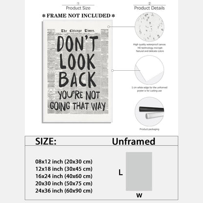 Black and White Retro Newspaper Wall Art Trendy Inspirational Quote Poster Don't Look Back Positive Motivational Affirmation Print Preppy Aesthetic Room Apartment Bedroom Decor 12x18inch Unframed