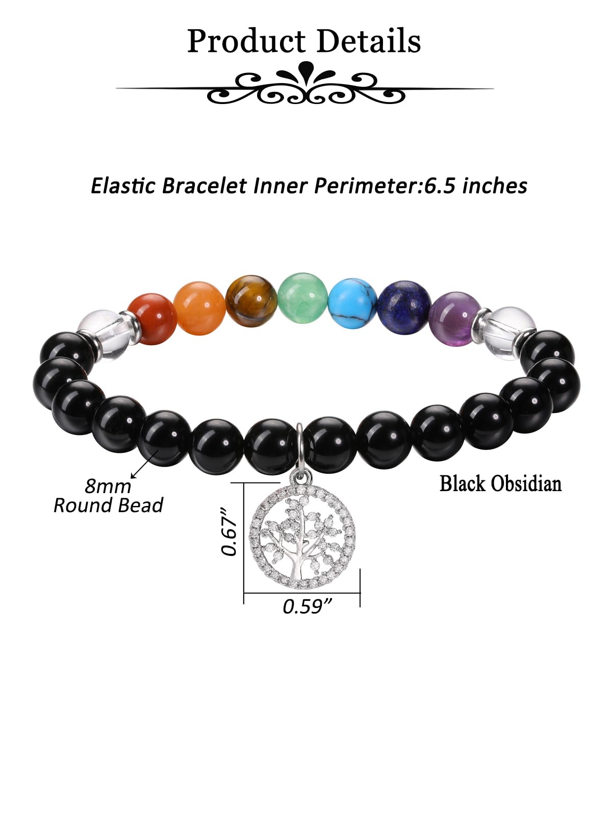 MANIFO Black Obsidian Chakra Crystals Bracelet for Women Healing Crystal Bracelet Natural Gemstone Beaded Bracelets with Life Tree Charm Jewellery Valentines Christmas Gifts