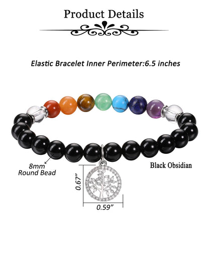 MANIFO Black Obsidian Chakra Crystals Bracelet for Women Healing Crystal Bracelet Natural Gemstone Beaded Bracelets with Life Tree Charm Jewellery Valentines Christmas Gifts