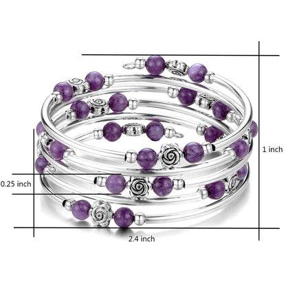 BULINLIN Wrap Bangle Rose Bead Bracelet - Beaded Bracelet with Natural Agate Stone Gifts For Women(01-Purple stone)