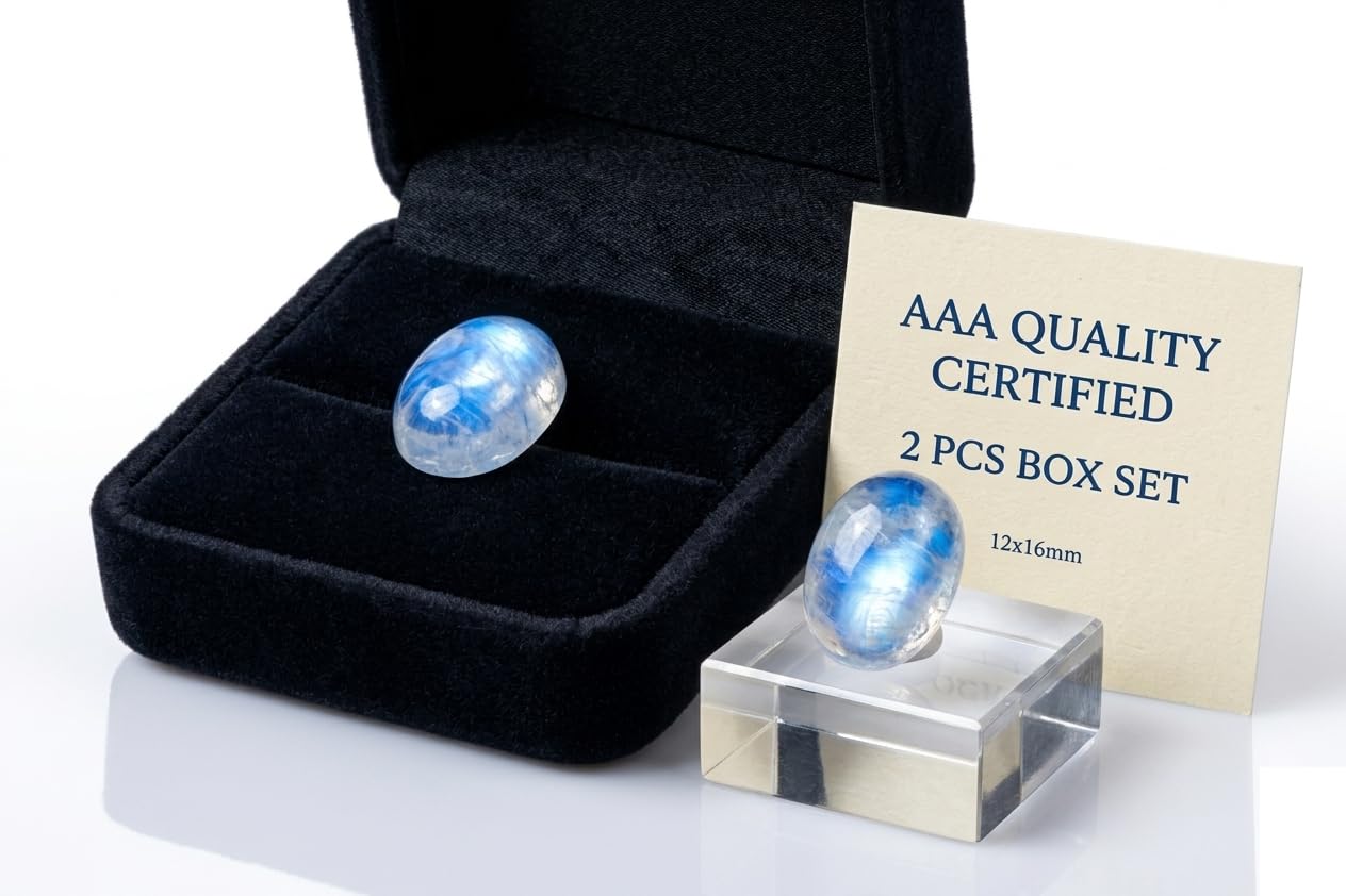 Myhealingworld Oval Shape Blue Fire Rainbow Moonstone AAA Quality Natural Calibrated 12x16mm Cabochon Loose Gemstone 2 pcs box.