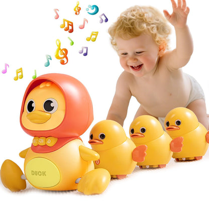 JUYEE Baby Crawling Toys Set of 4 - Magnetic Ducks Family for Infants 6-9-12 Months, Tummy Time Toys with Music & Lights, 1st Birthday Gift for Boys and Girls(4-Pack)