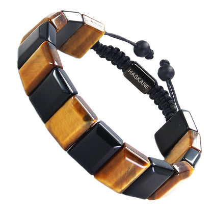 HASKARE Natural Stone Beads Men Bracelet Energy Flatbead Bracelet Genuine Tiger Eye Black Obsidian Beaded Crystals Handcrafted Adjustable Protection Jewelry for Dad Brother Husband