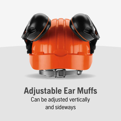 Husqvarna 592752601 Chainsaw Helmet with Metal Mesh Face Shield, Adjustable Ear Muffs for Hearing Protection, and Sun Peak, HDPE Forestry Helmet Shell, Orange