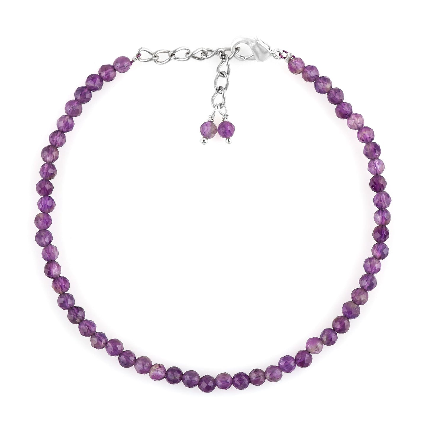 GEMKORA Natural Real Amethyst Crystals Bracelet, 3mm Best Grade Micro Cut Beads, Chakra Healing Gemstone, Beautiful Simple Jewelry, Silver Plated Jewelry 7+1 inch