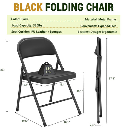 FurniEdge Padded Folding Chairs 4 Pack, PU Leather Folding Chairs for Outside and Indoor, Heavy Duty Portable Foldable Metal Chairs for Home Office, Dorm, Party, Backyard, Patio, Black