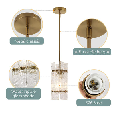 Modern Crystal Pendant Light for Kitchen Island, Gold Luxury Mini Water Ripple Glass Chandelier Lights Fixture, Modern square Adjustable Hanging Pendant Lighting for Dining Room Bedroom (3-Pack)