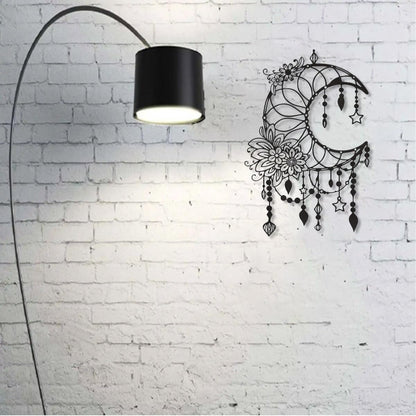 SYDERWE Metal Wall Art, Matte Black Moon Phase Decor, Celestial Bedroom Decor with Floral and Hanging Stars, Indoor & Outdoor