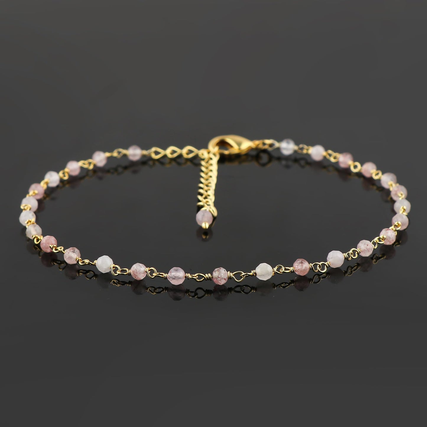 JOR Natural Strawberry Quartz Beaded Rosary Anklet, Handmade Craft, Anklet Beads Bracelet, Chakra Healing Anklet, Gemstone Women Jewelry, Dainty Gold Plated Anklet 9 inch + 2 inch (1pcs)