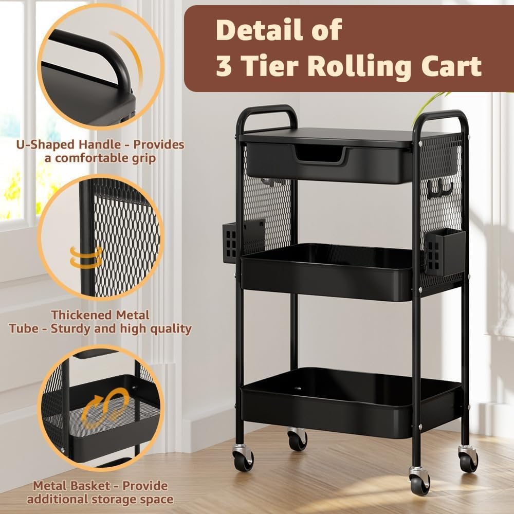 HIDODO 3 Tier Rolling Cart with Drawer, Metal Rolling Utility Cart on Wheels with Pegboard, Art Cart Storage Organizer with Tabletop for Living Room, Office, Bedroom (Black)
