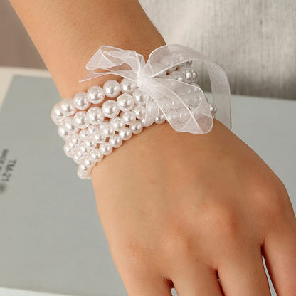COLORFUL BLING Women Multilayer Temperament Imitated Pearl Stackable Strand Bracelets Beaded Seed Heart Rhinestone Crystal Stretch Bracelet Wedding Wrist Jewelry-5pcs bows