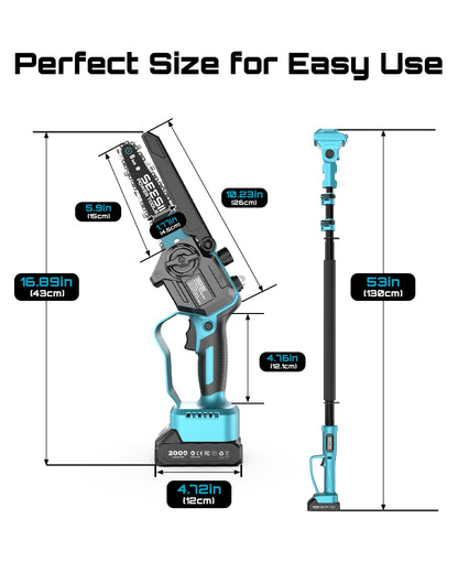 SEESII 2-in-1 Electric Pole Saws for Tree Trimming, 6 Inch Mini Chainsaw Cordless with Extension Pole, Battery Powered Pole Chain Saw, Tree Trimmer Limb Branch Cutter Pruner with 2 Battery P6 Plus