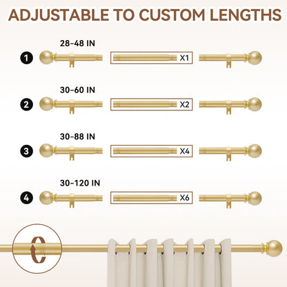 Gold Curtain Rod for Windows 28 to 48 Inch, 5/8 Inch Diameter Heavy Duty Splicing Adjustable Curtain Rods With Brackets, Easy to Install, Suitable for Bedroom, Patio and Outdoor