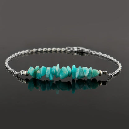 Gemimpression Handmade Amazonite Chips Bar Bracelet – Natural Energy Healing Crystals – Silver Plated Adjustable 8 Inch Chain – Christmas Gift