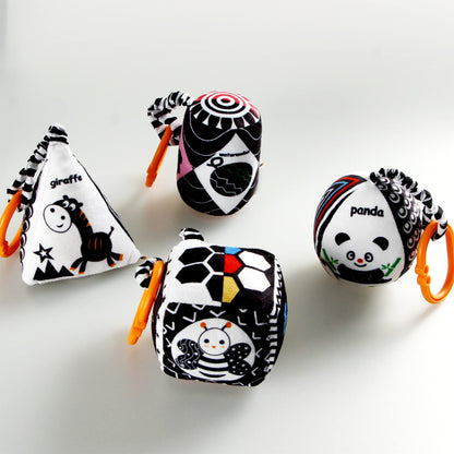 KAKIBLIN Baby Hanging Rattle Toys, 4 Pack Black and White Car Seat Baby Toys Soft Squeaky Stroller Toy for Babies Montessori Sensory Toy 0-12 Months for Newborn Infant, White and Black
