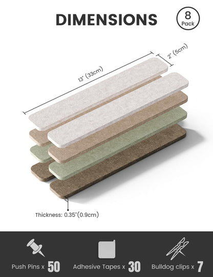Fluxynara Cork Board Alternative Felt Strip Board 8-Pack 13"x2", Office Pin Board with 50 Push Pins, Adhesive Install for Bedroom Door & Home Office(Linen Dusk)
