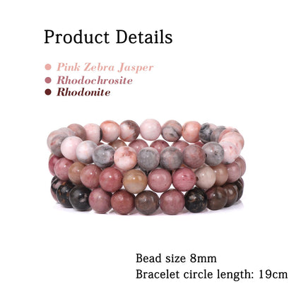 Risyfjew 3 PCS Healing Crystal Bracelets Women 8mm Natural Stone Beaded Stretch Bracelet Pink Zebra Jasper Jewelry Gifts