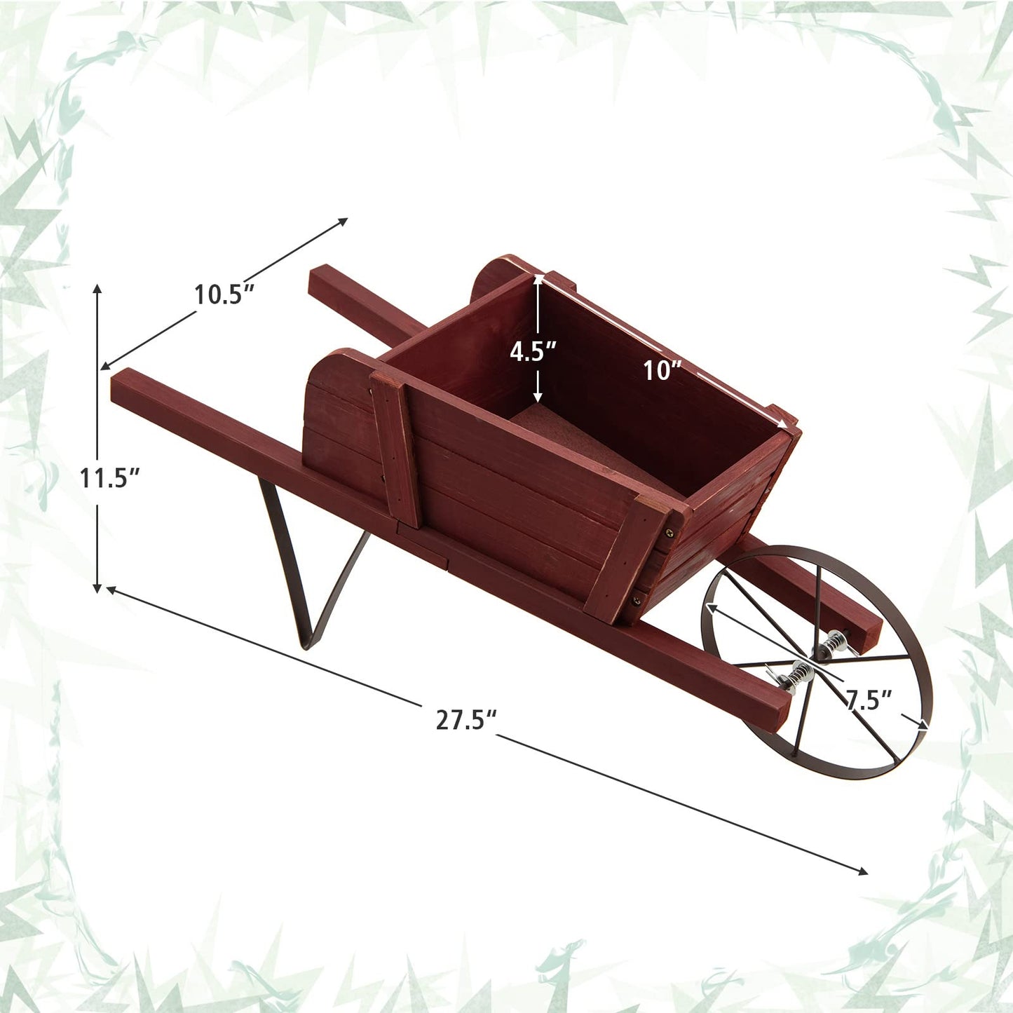 CHEFJOY Wooden Wagon Planter, 27.5"x10.5"x11.5" Wheelbarrow Cart Plant Pot with Halloween Decoration & Metal Supports, Single Wheel Movable Garden Flower Cart Planter for Yard, Backyard (Red)