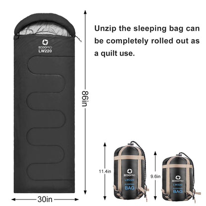 ECOOPRO Warm Weather Sleeping Bag - Portable, Waterproof, Compact Lightweight, Comfort with Compression Sack - Great for Outdoor Camping, Backpacking & Hiking-83 L x 30" W Fits Adults (B-Black)
