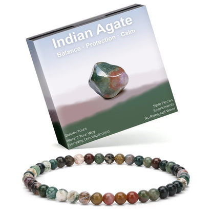 Risyfjew 4MM Handmade Indian Agate Natural Gemstone Stretch Elastic Bracelet,PE Film Anti-oxidation Packaging Natural Stone Crystal Healing Power Energy Gifts for Adult