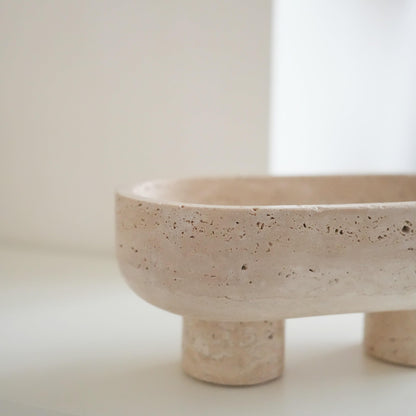 WILD WORKS Travertine Fruit Bowl, 10.2" Oval Beige Stone Serving Bowl for Kitchen Counter & Dining Table, Handcrafted Decorative Centerpiece with Non-Slip Feet for Home Decor