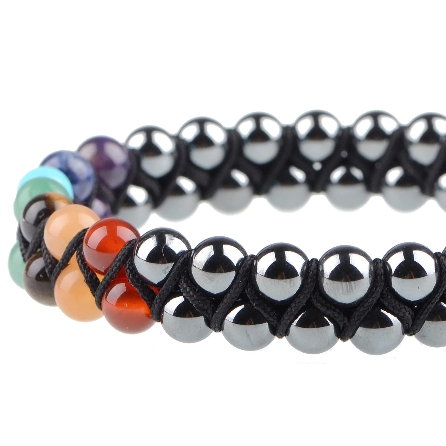 MASSIVE BEADS Natural Chakra Healing Power Crystals Macrame Bracelet Yoga Double Layer Stone Beads Gemstone Meditation Relax Anxiety Bangle for Unisex Women Men (7-Chakras&Hematite, 6mm)