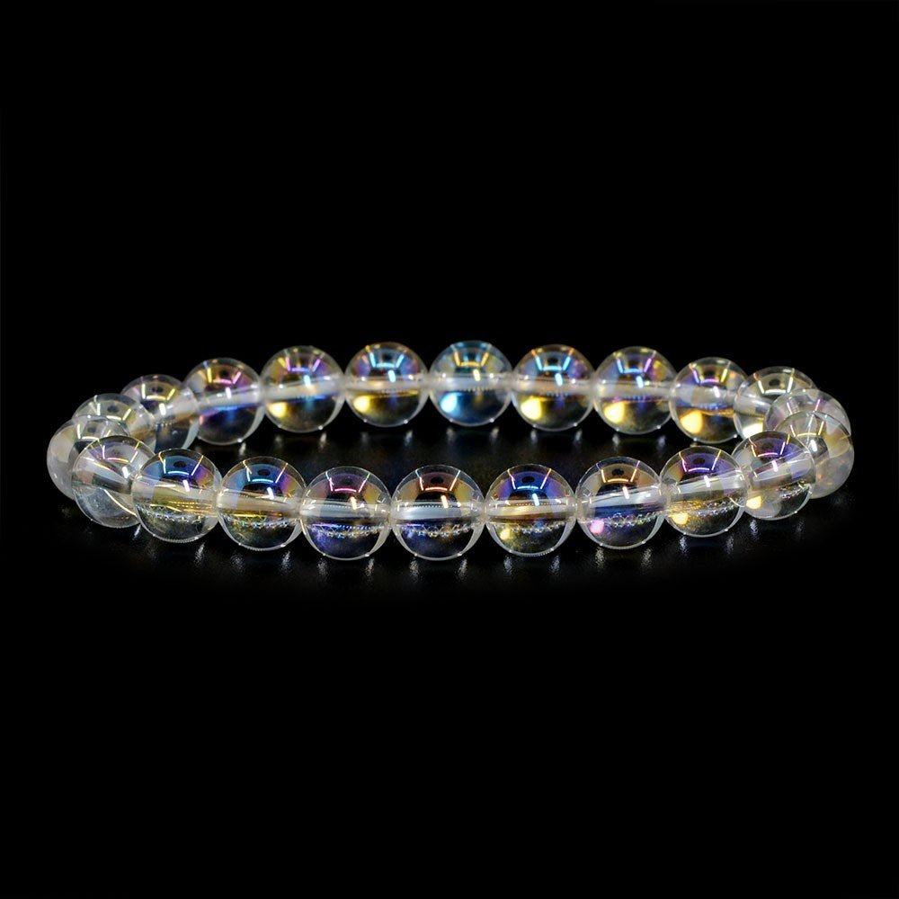 Justinstones Aqua Aura Clear Quartz Gemstone 8mm Round Beads Stretch Bracelet 7 Inch Unisex